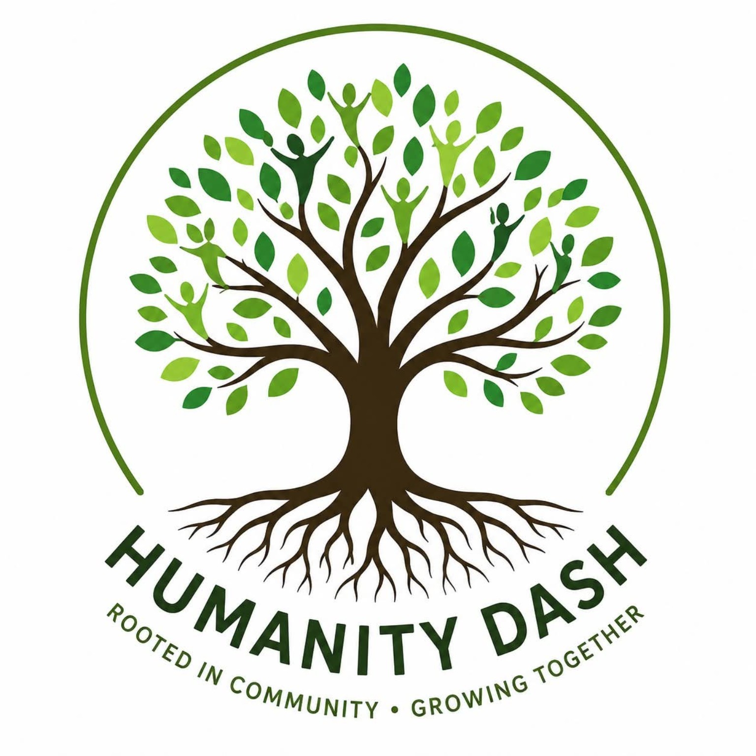 Humanity Dash logo: a rooted tree with people among green leaves, encircled by Rooted in Community · Growing Together